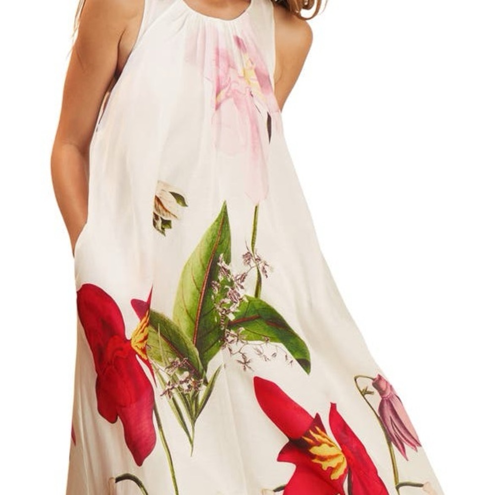 Reiss Ivory Maxi Dress with Red & Pink Floral Accents